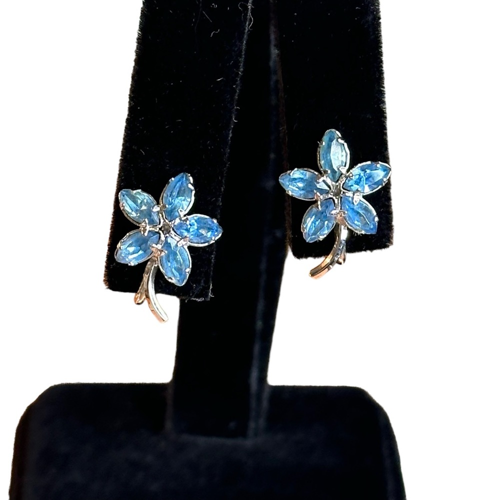 Vintage 50s Star-Art Sterling Silver Blue Crystal Flower Screw Back Earrings